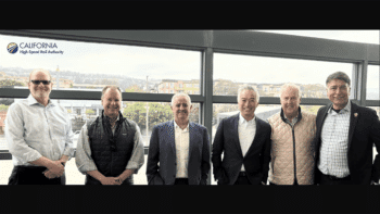 Pictured, Left to Right: Tom Williams, City Manager, City of Millbrae; Harry Burrowes, Project Manager, City of Millbrae; Basem Muallem, Statewide Regional Director, CHSRA; Anders Fung, Mayor, City of Millbrae; James Ghielmetti, Board Member, CHSRA; Ian Choudri, CEO, CHSRA (Photograph Courtesy of CHSRA)